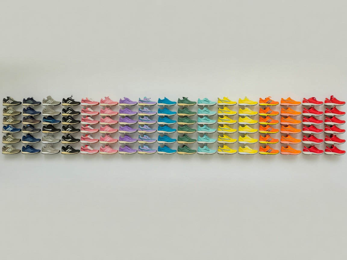 A curated display wall showing only vintage running shoes arranged by color gradient