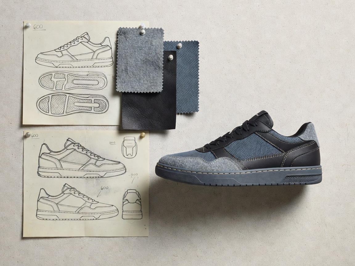 A curated mood board showing sketches, fabric swatches, and a final collaborative sneaker