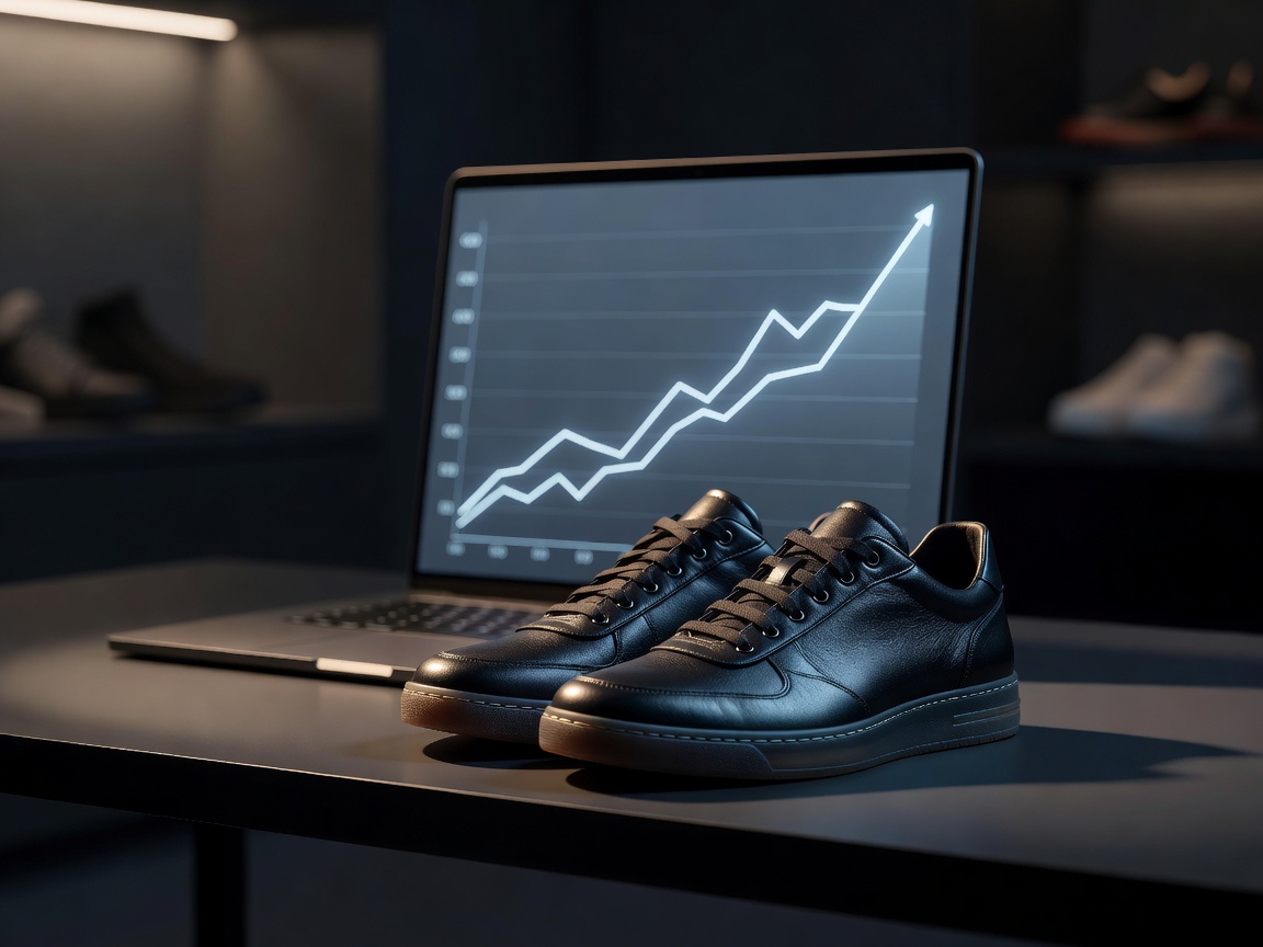 A line chart on a laptop screen showing upward trends behind a pair of rare shoes