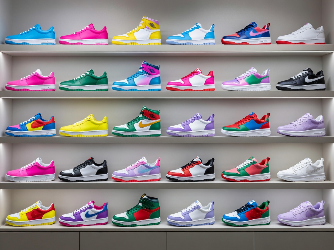 A neat arrangement of various colourful sneakers on a display shelf