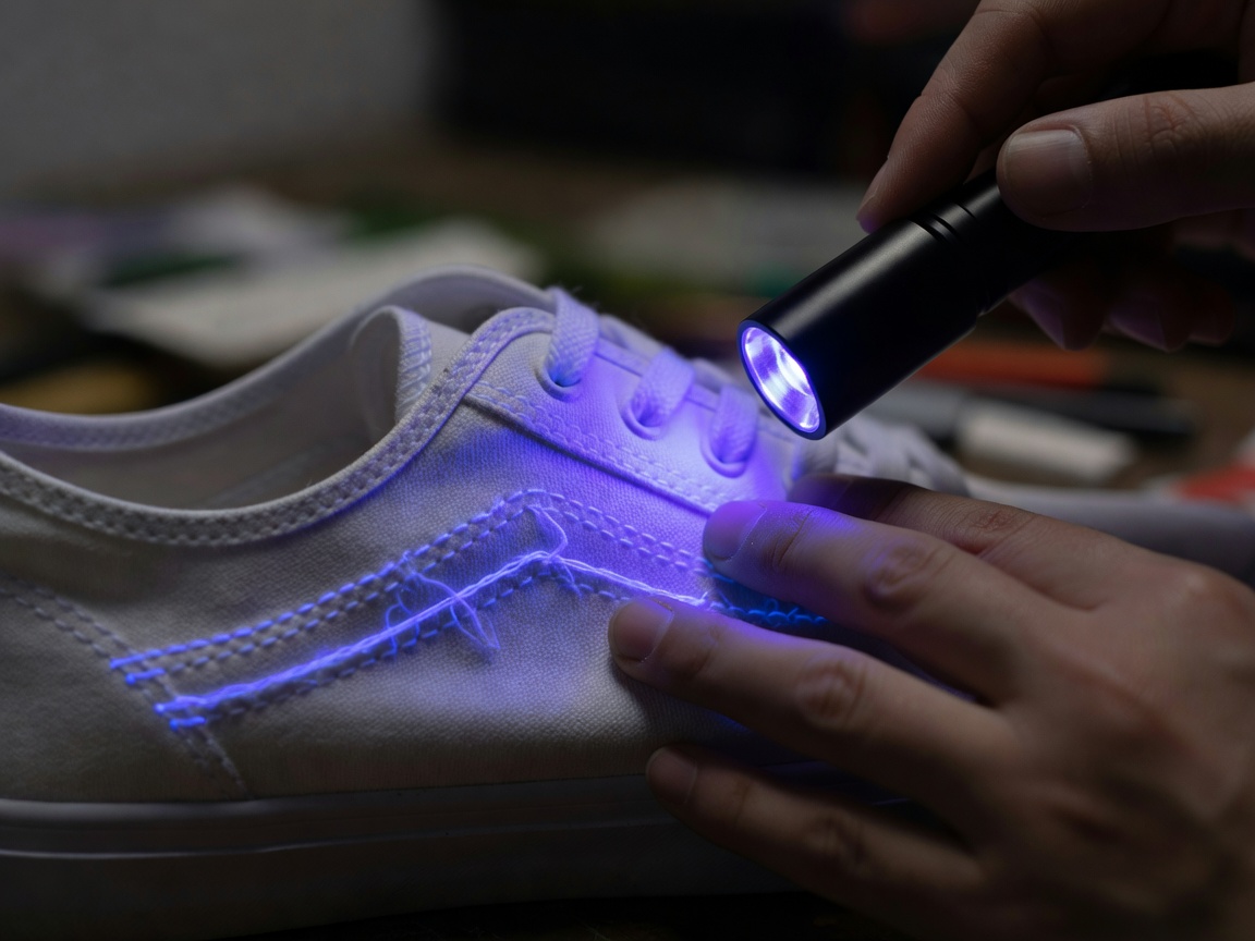 A person using a UV flashlight to inspect the stitching on a white sneaker