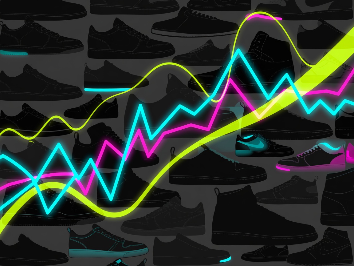 Abstract representation of market charts overlaying a background of sneaker silhouettes