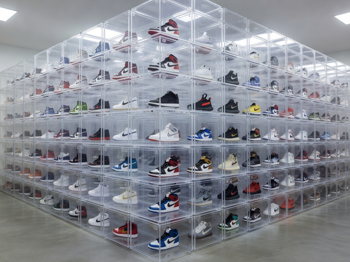 Clear acrylic sneaker display cases stacked neatly in a temperature-controlled room