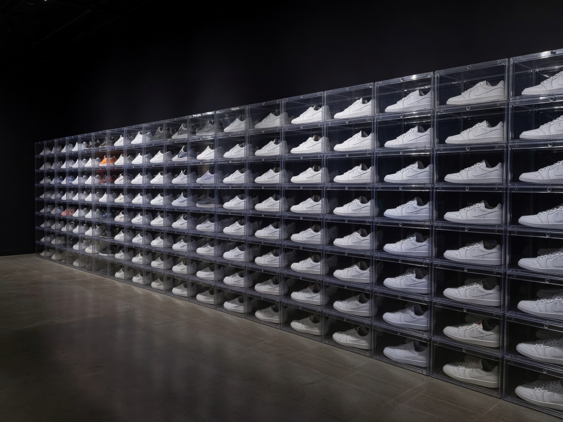 Rows of clear drop-front plastic boxes housing clean sneakers in a dark room