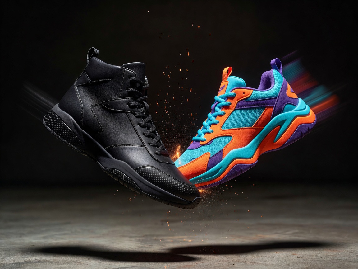 Two distinct sneaker designs clashing together to represent a brand collaboration